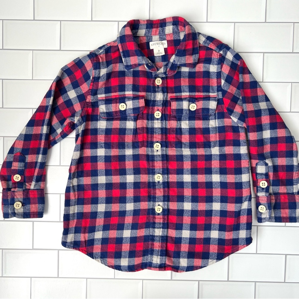 Size 2 J. Crew crewcuts Boys Red Blue Cotton Flannel Plaid Button Down Shirt